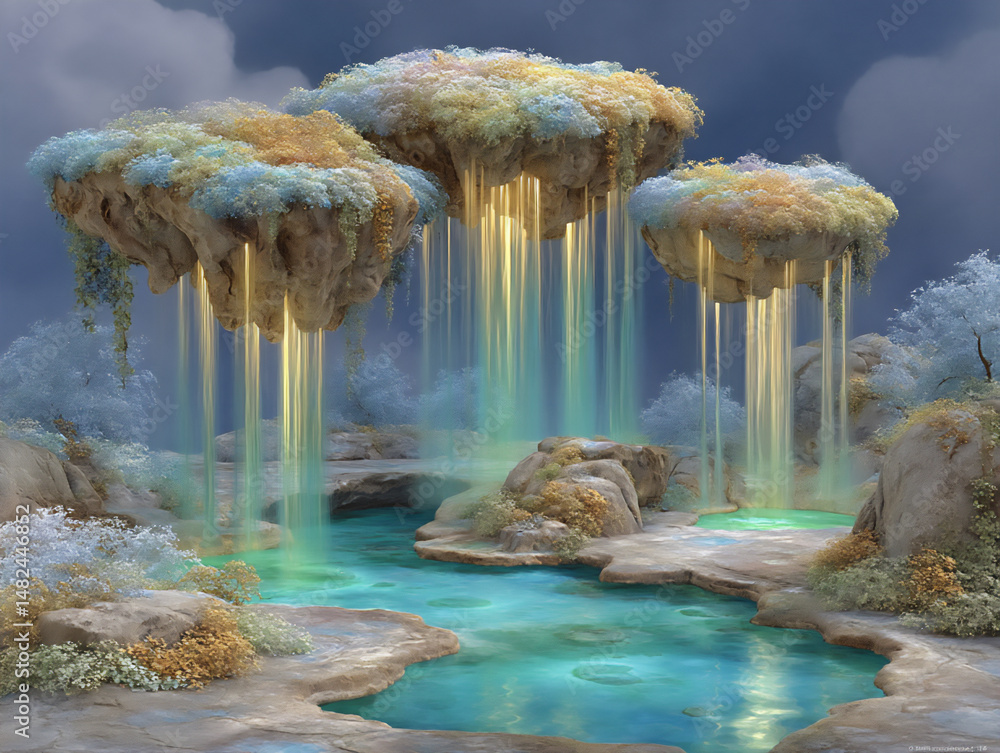 Aufkleber mysterious 3d rendering of an alien landscape featuring floating islands connected by beams of light