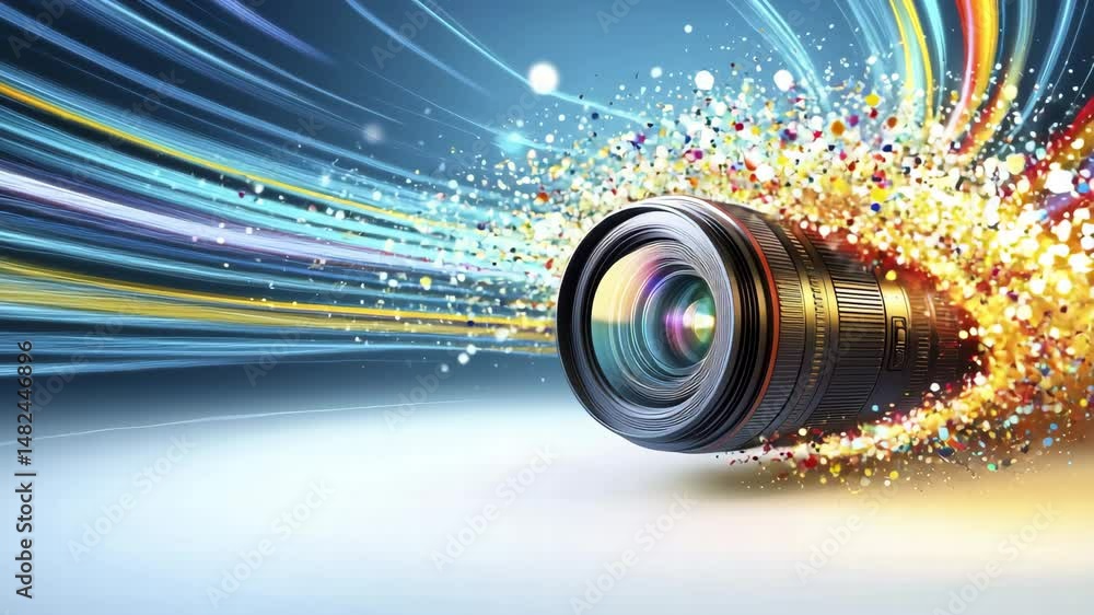 Poster vibrant camera lens exploding with colorful light streaks
