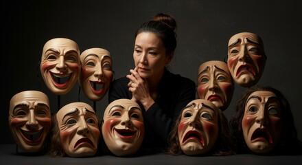 Woman surrounded by dramatic theatrical masks, hypocrisy, choice of personality