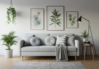 Living room interior featuring a gray couch with pillows and framed botanical art on the wall