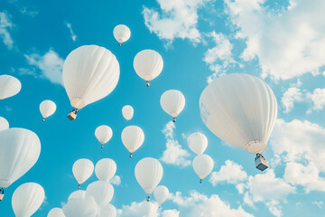 Obraz premium Many white hot air balloons float in a bright blue sky with fluffy white clouds a breathtaking view