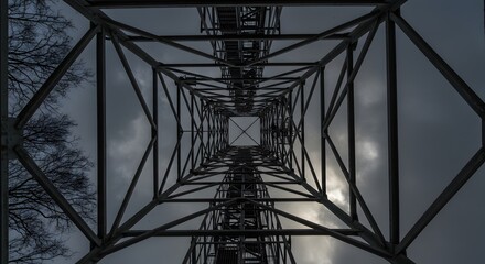 Looking Up Metal Tower Structure with Cloudy Sky View