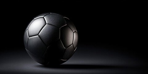 A striking black soccer ball elegantly illuminated against a dark background, showcasing its textured surface and classic hexagonal design.
