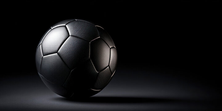 Fototapeta A striking black soccer ball elegantly illuminated against a dark background, showcasing its textured surface and classic hexagonal design.