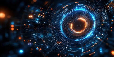 Obraz premium Futuristic digital interface with holographic neon orange and blue elements, sci-fi cyberpunk design