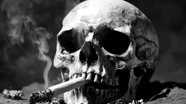 Black and white skull with a cigarette and smoke from the skull, a conceptual image of the dangers of smoking and death