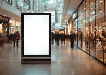Blank digital billboard in a modern shopping mall.  Busy shoppers populate the background