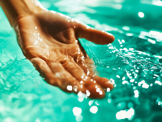 Close-up of a hand touching water during hydrotherapy session
