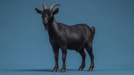 Black goat standing against a plain background.