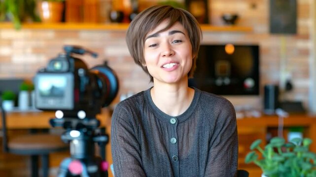 Woman sits in front of the camera and talks with emotion, home studio, blog or interview