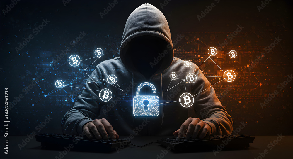 Poster anonymous hacker in gray hoodie typing with digital padlock and crypto symbols in dark cyber securit