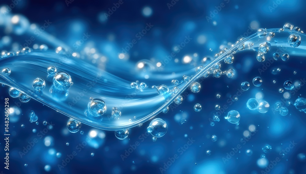 Poster abstract blue background with sparkling water droplets and fluid wave-like lines, creating a fresh a