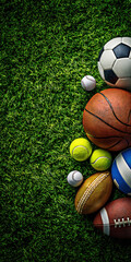 A vibrant assortment of sports balls, including soccer, basketball, baseball, tennis, and football, arranged on lush green grass, showcasing the joy and unity of sports.