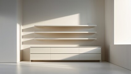 Fototapeta premium Minimalist interior showcasing modern storage solutions and natural light in a bright, open space