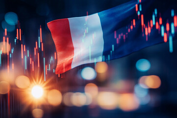 French flag waving over a city at night with financial data