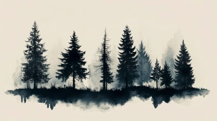 Silhouette of pine trees in a misty forest landscape, watercolor style.