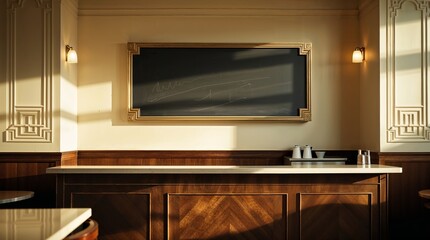 Elegant cafe interior with sunlight illuminating a simple wooden counter and chalkboard in a charming setting by the window