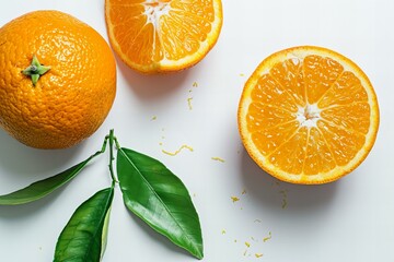 Showing High-resolution photo of an orange fruit and orange half with a leaf, isolated on white background.
