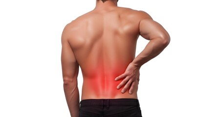 Fototapeta premium Man Experiencing Back Pain with Red Highlight on Lower Back Area