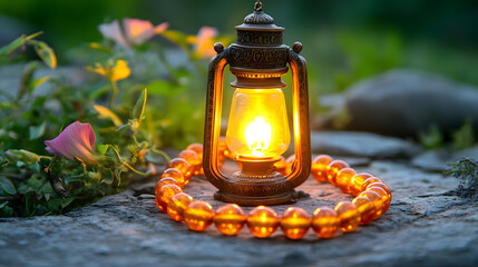 Antique Lantern Glows with Amber Beads