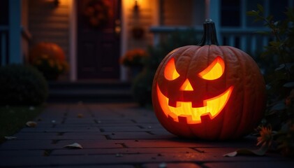 Obraz premium Classic carved jack-o-lantern on a porch, glowing at night , jack o lantern, autumn leaves