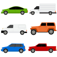 Flat cars. Cartoon vehicle side view. Taxi, minivan, mini car, suv and pickup truck. City auto transport icons. Automobile design vector set. City transportation objects isolated on white © LineSpark