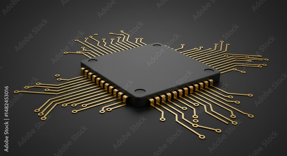 Aufkleber modern computer chip with intricate gold circuitry on a dark background. detailed, 3d rendered chip,