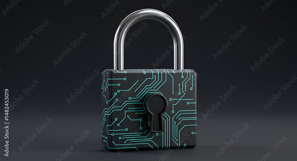 Poster modern padlock with circuit board design in dark gray/silver color. solid object on dark gray surfac