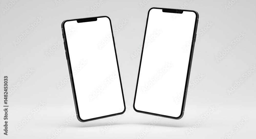 Poster black smartphones with blank screens in a studio setting. modern, sleek devices hover in the air, sh