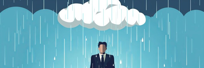Businessman, standing under rain, pessimistic man under cloud, sad business man, unlucky, misfortune