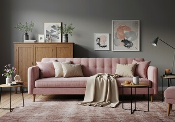 Pink sofa with pillows and a throw blanket in a living room setting with artwork