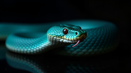 Fototapeta premium Close-up of a Blue Viper with Tongue Extended