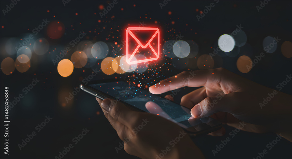 Poster hands hold smartphone with red email icon display against bokeh lights in a dark setting