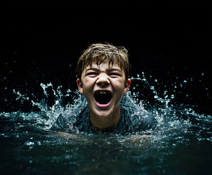 A young boy exuberantly splashes in the water, expressing pure joy.