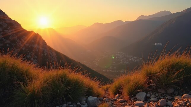 Sunlit Sierra de Enguera hills glowing at dawn, viewed in a sweeping panoramic perspective.
