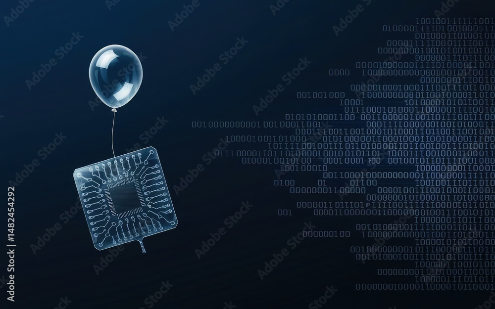 Poster technological ascension: a surreal visualization depicting an abstract processor, tethered to a deli
