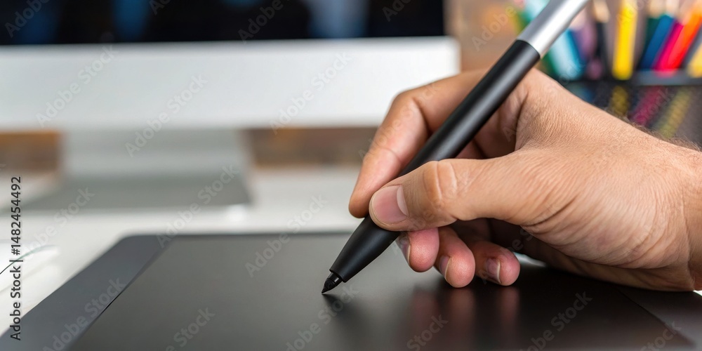 Poster a person using a stylus on a digital drawing tablet with a computer in the background, showcasing cr