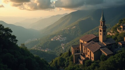Aerial view of misty Aizkorri Aratz mountains at dawn beneath cloudy skies.