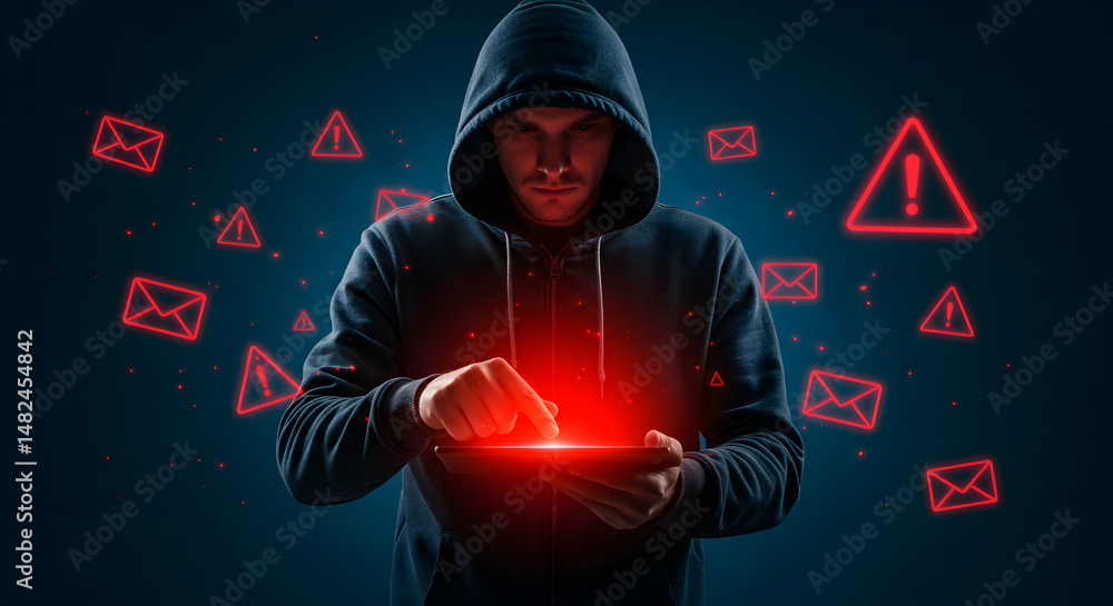 Poster hooded hacker manipulating glowing device surrounded by digital red alerts and mail icons on dark bl