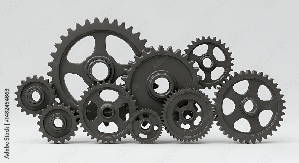 Poster Dark gray gears of various sizes interlock in a complex arrangement against a plain light gray background. Complex mechanical system with interconnected gears.