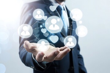 Businessman Holding Network of Connected People Icons Representing Social Media Connections and Customer Relationships