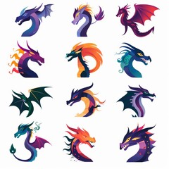 Dragons icon silhouette, dino, wyvern symbols, dinosaurs isolated, mythical monster, minimal flat tattoo