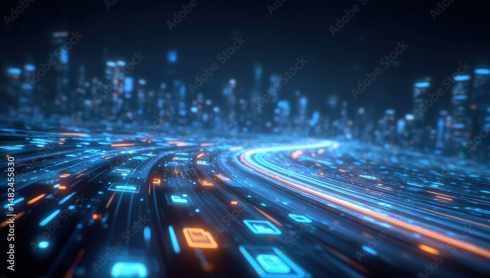 Poster a futuristic cityscape with glowing data streams and digital document icons, representing fast infor
