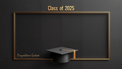 Sleek black graduation photo frame template with "Class of 2025" text in gold and mortarboard cap, minimalist design, celebration of achievement.