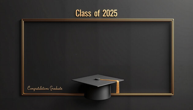 Sleek black graduation photo frame template with "Class of 2025" text in gold and mortarboard cap, minimalist design, celebration of achievement.
