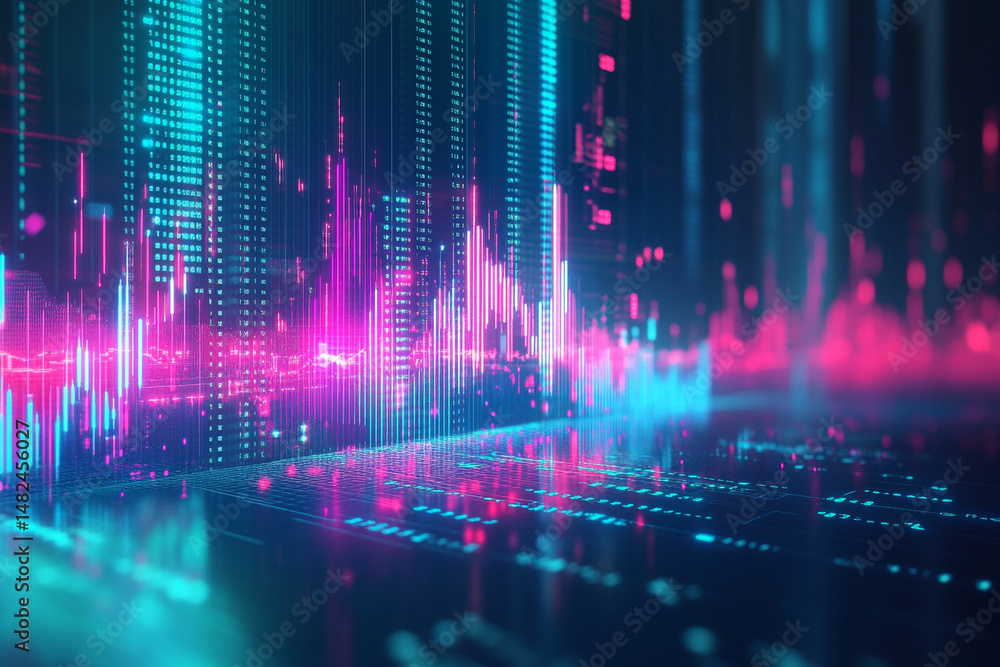 Poster abstract digital data visualization glowing pink and blue lines and numbers