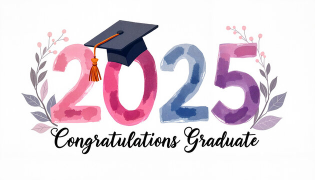 Watercolor-style "2025" digits with a mortarboard hat and elegant script saying "Class of – Congratulations Graduate," amid subtle floral outlines, celebration concept.