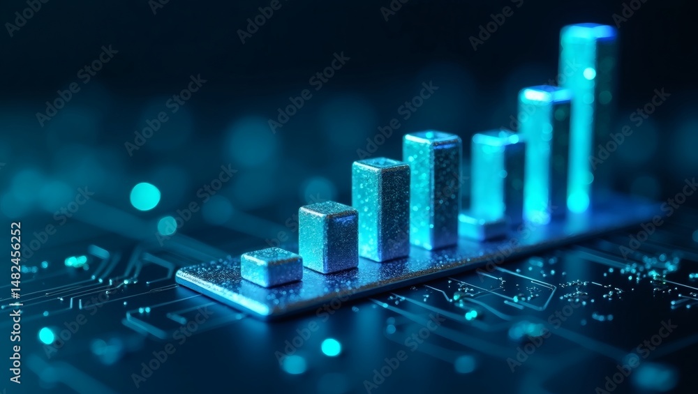 Poster an abstract illustration of a rising bar graph, symbolizing growth and progress, set against a futur
