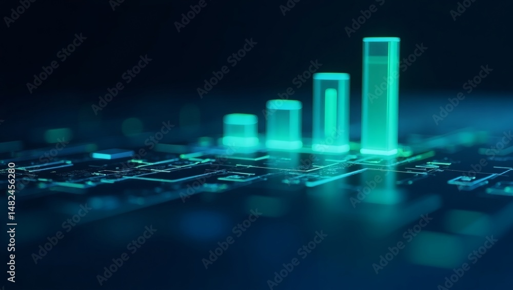 Poster glowing bar graph rising on a dark tech background. the graph is a vibrant teal, suggesting growth a