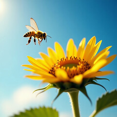 Honeybee pollinating a sunflower in bright daylight